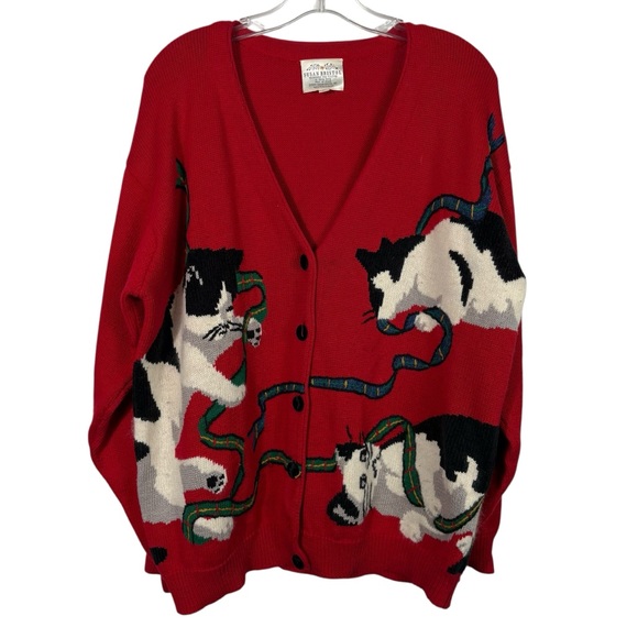 Susan Bristol Sweaters - Susan Bristol Cat Kitten Print Hand Knit Vintage 1995 Sweater Wool Cardigan L